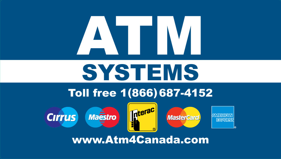 ATM Systems sticker with toll free number 1(866)687-4152 and accepted card networks