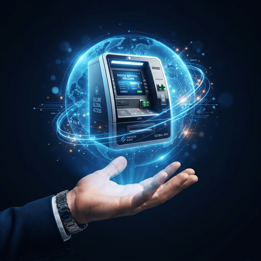 ATM machine held above an open hand with a glowing digital globe