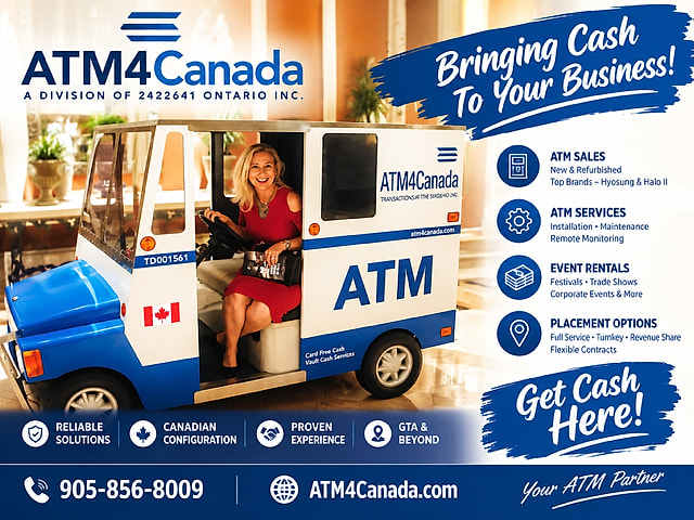 ATM4Canada ad: Bringing cash to your business. ATM sales, services, event rentals and placement options. Call 905-856-8009.